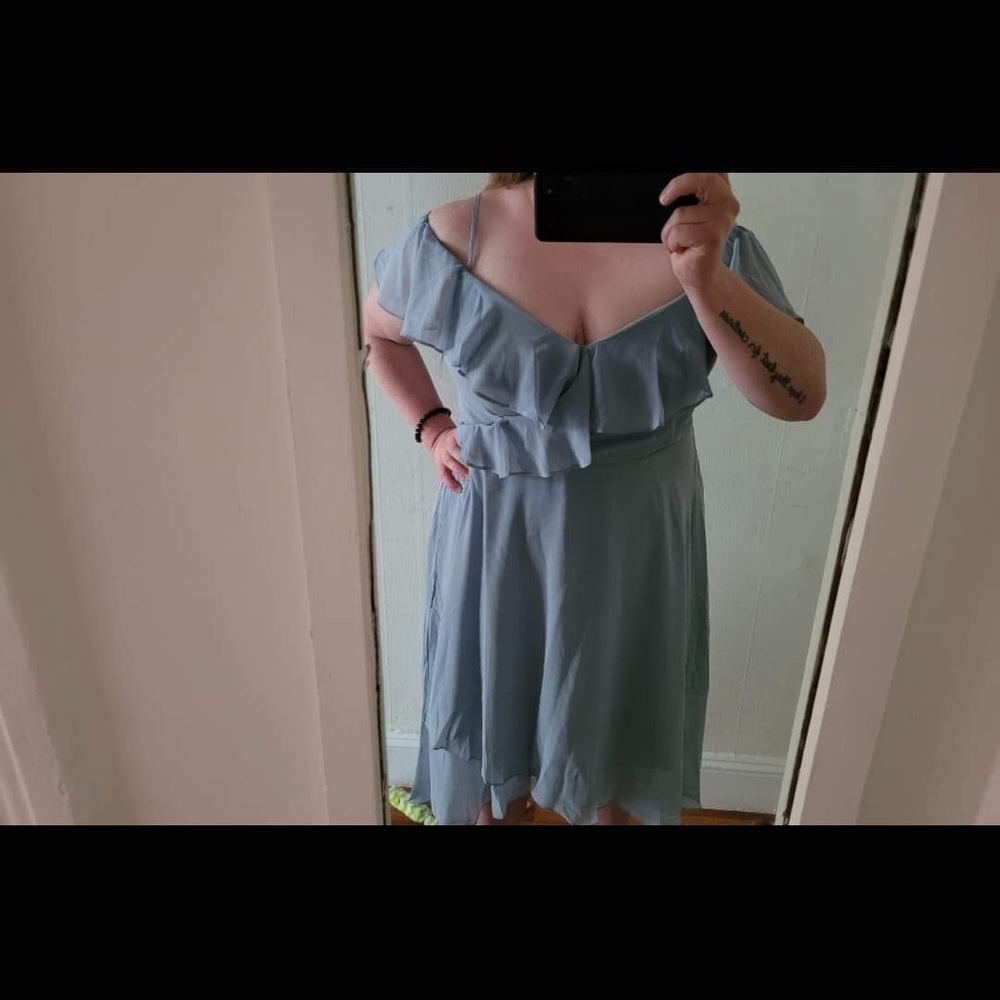 JJsHouse Dusty Blue 🩵 MIDI Off the Shoulder with Straps Dress